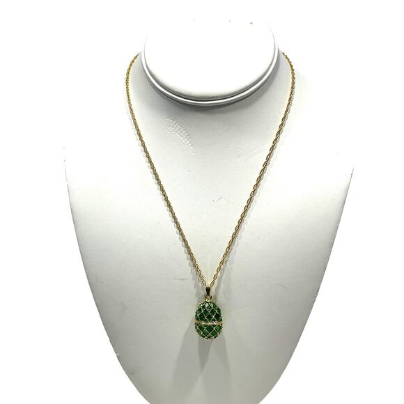 Dark Green Gold Egg Pendant Necklace with Austrian Crystals by Keren Kopal - Picture 1 of 5